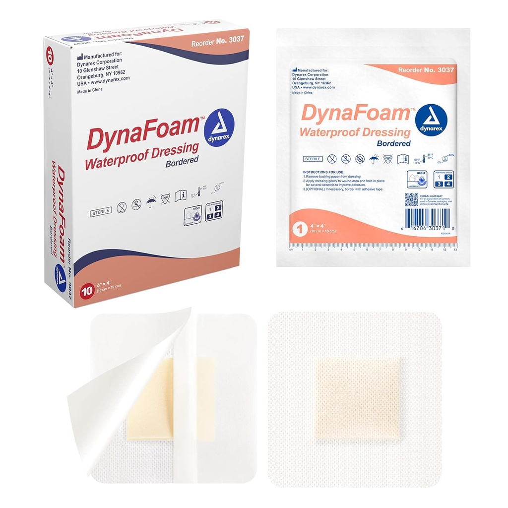 Dynarex Dynafoam Waterהוכחה Bordered Adhesive Foam Wound Dressing Bandage 4" x 4