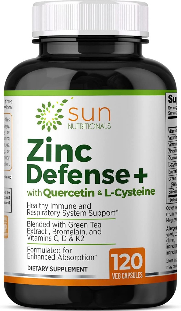 Znc Defense+ עם Quercetin, Bromelain, L-Cysteine, EGCG (פלט תה ירוק), ויטמינים C, D3 & K2, 2 מונטה אספקת, 120 VCaps, non-GMO, Gluten Freeten Freeten Freeten Freeten