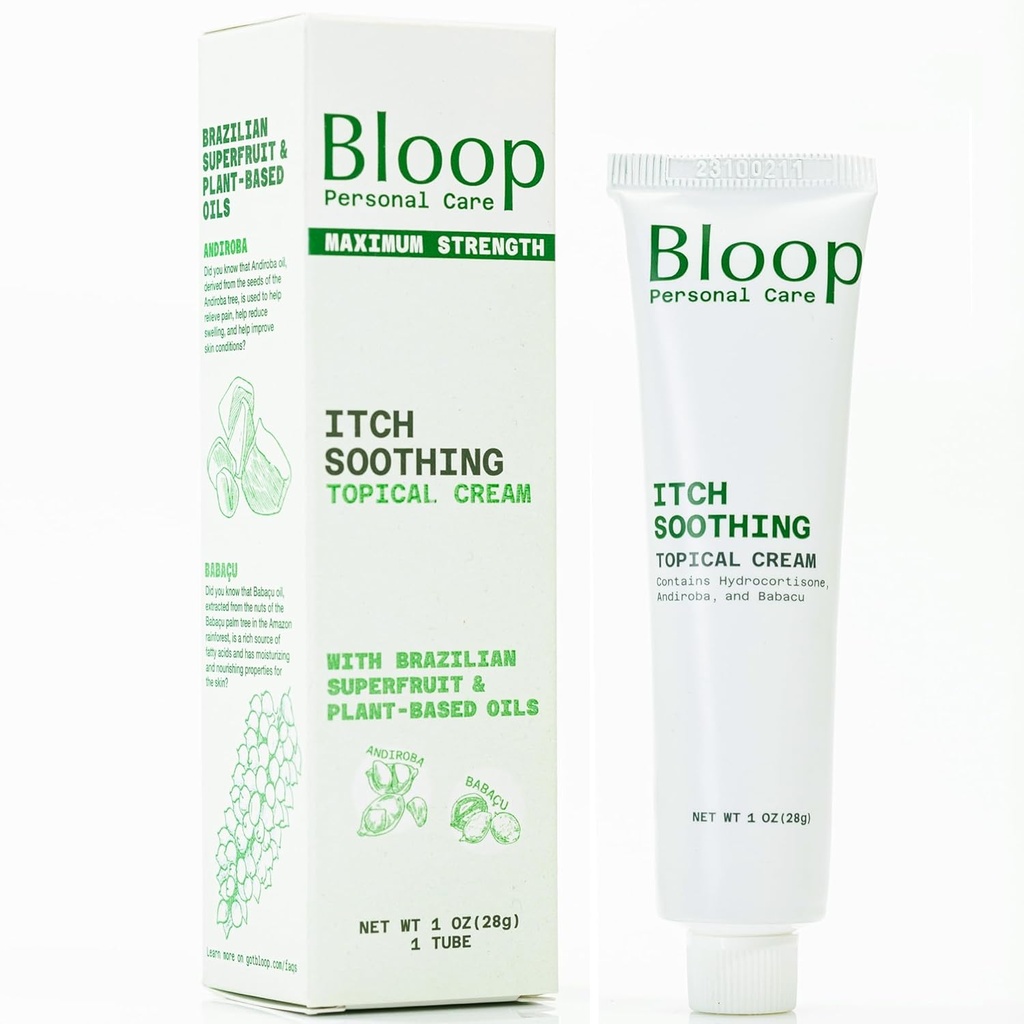 Bloop Anorectal Itch Soothing Cream with Hydrocortisone, Andiroba / Babacu שמנים | Max. Power for Rapid Itch Relief & Cooling (1oz)