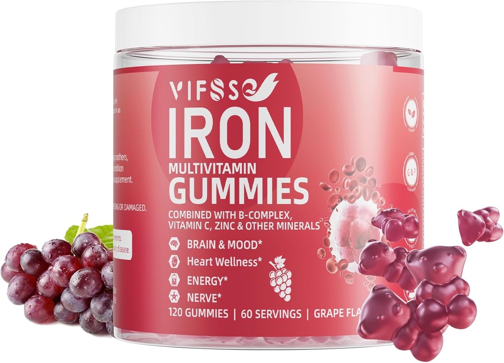 Iron Gummies סוכר חינם, 120 חניכיים תוספת ברזל עבור נשים Multivitamin עם ברזל, ויטמינים ו Zinc לנשים, גברים וילדים - Grape Flavor, תוספת טבעונית, Folate עבור אנרגיה - לא אחרי טעם