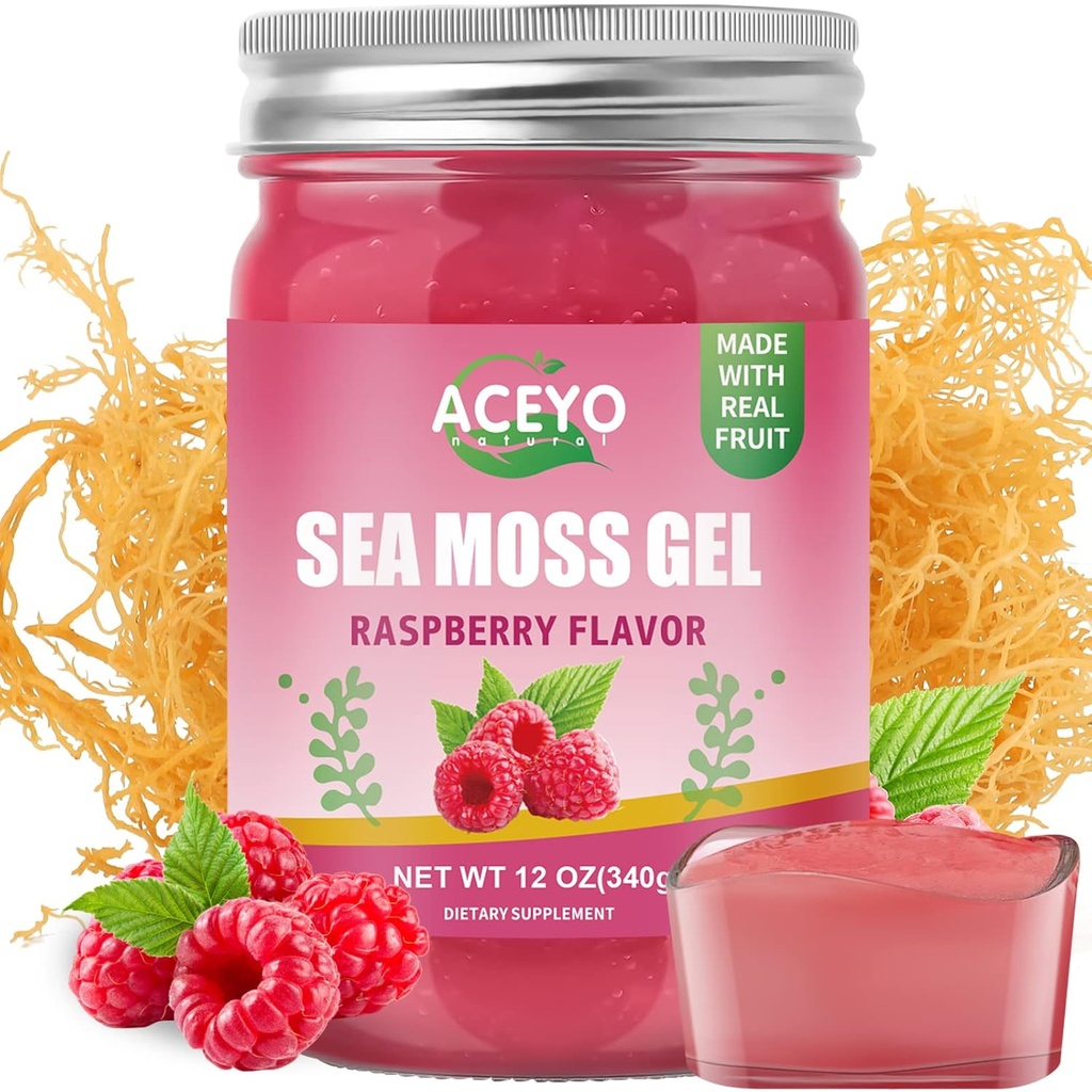 ACEYO (12 OZ) Irish Sea Mosss Gel אורגני Raw Raspberry Flavor 102 ויטמינים ומינרלים Wild Harvested non-GMO Immune Defense Booster Thyroidive Support