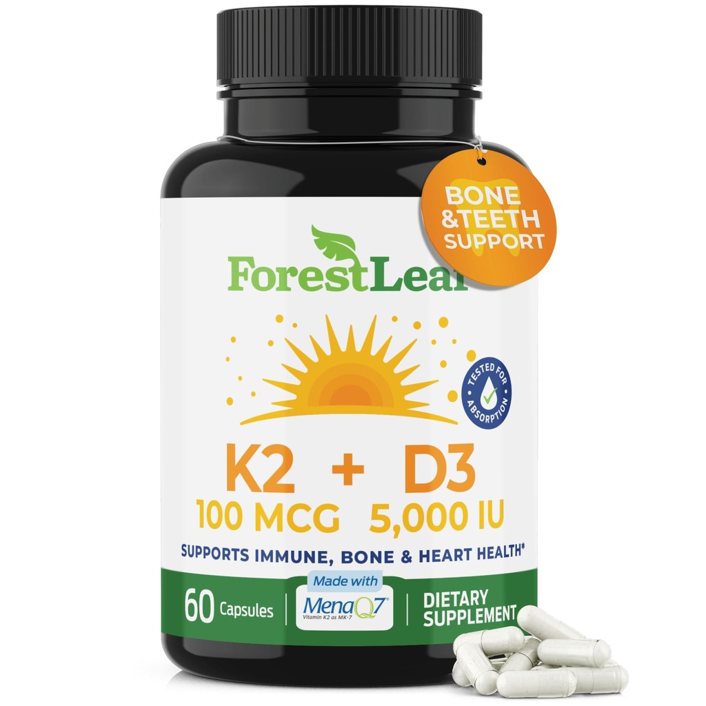 ForestLeaf ויטמין D3 + K2 (MK7) תוסף - MenaQ7 - Calcium ווויטמין D3 5000 IU Max Absorption - שיניים וכוח העצם, בריאות הלב, תמיכה במערכת החיסון - 60 קפסולות Veggie