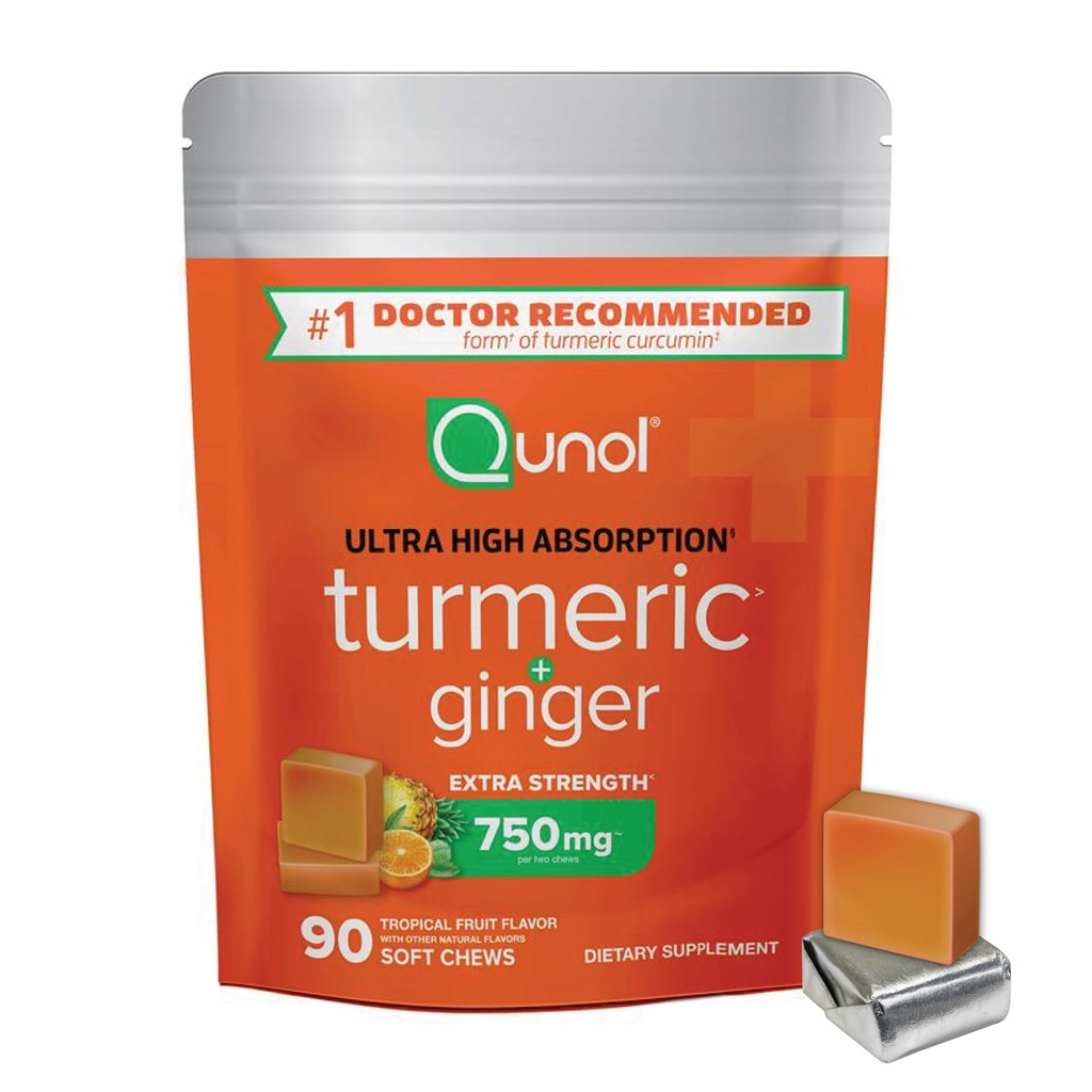 Qunol Turmeric וג'ינג'ר Soft Chews, תוסף 750 מ"ג Turmeric, Ultra High Absorption to Support Joint Health, 90 Count