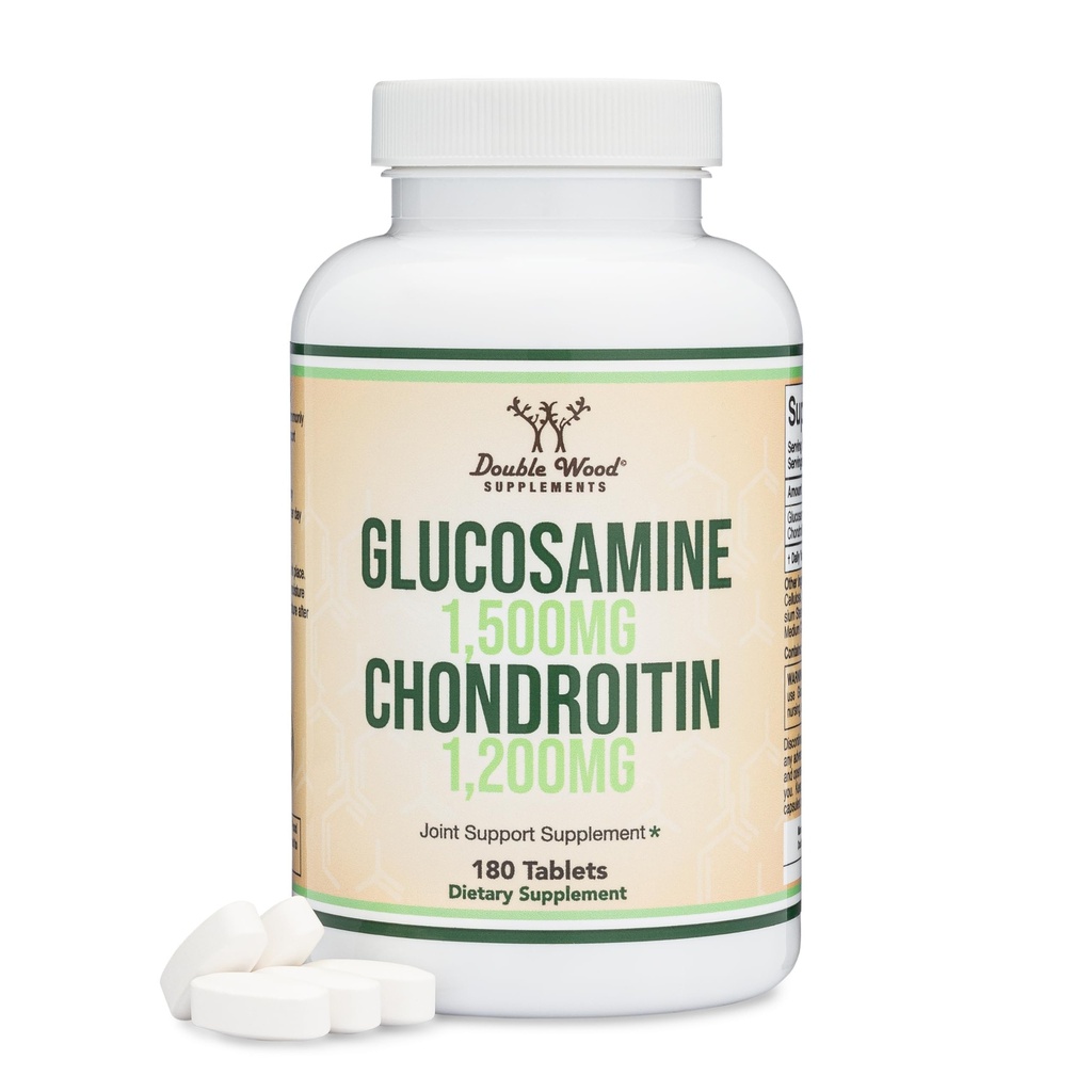 Glucosamine Chondroitin משולש כוח (1,500mg Glucosamine Sulfate, 1,200 מ"ג Chondroitin) 180 טבליות, 2 חודשים אספקה (Joint Support) Gluten Free, non-GMO על ידי Double Wood Wood