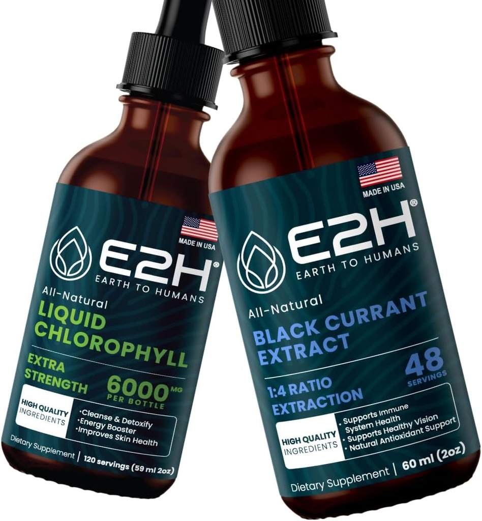E2H: נוזל Chlorophyll ו Natural Black Currant לחלץ | טבעוני, non-GMO - 2 Fl Oz כל אחד (4 Fl Oz Total)