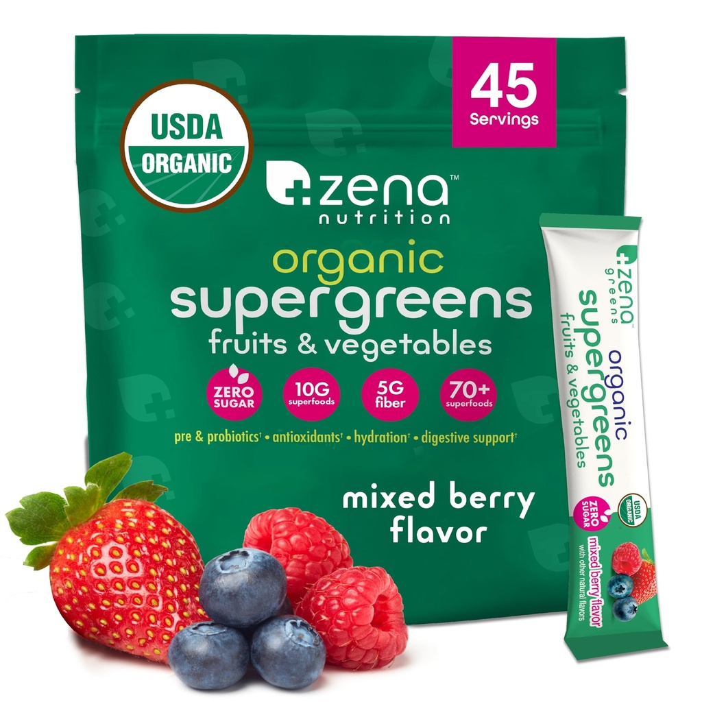 Zena Nutrition אורגני Super Greens אבקת, 70+ Superfoods, 0 סוכר, 5G סיבים, Spirulina, Chlorella, Antioxidants, Prebiotics / Probiotics, Digestive Enzymes, מעורב ברי, 45 משקאות Mixets