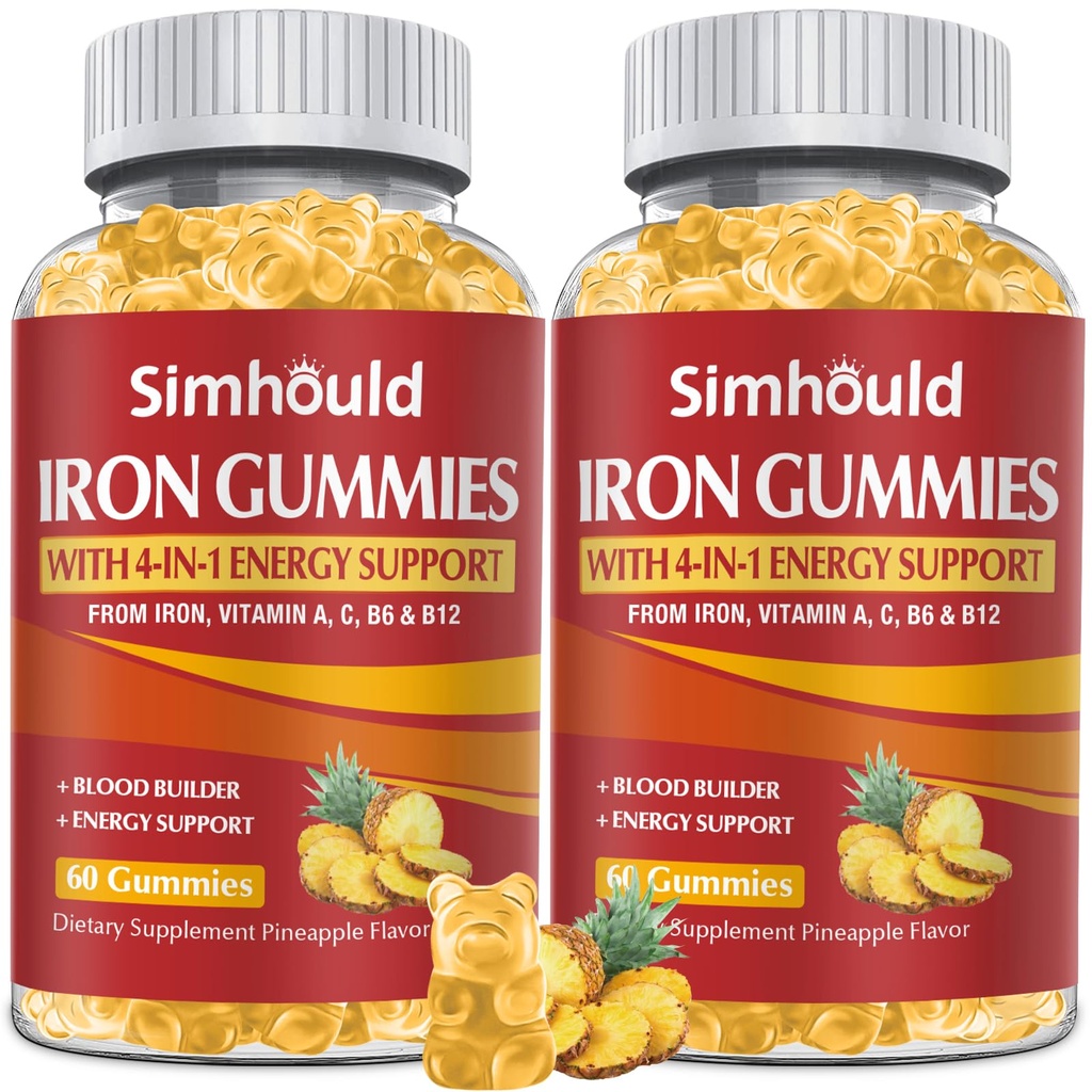2 Pack טבעוני 80MG ברזל תוספת חניכיים לנשים וגברים - ויטמין A, C, B למבוגרים וילדים - Blood & Builder & Energy Support for Iron Deficiency, Anemia, 120 Counts Pineapple Flavor Gummies