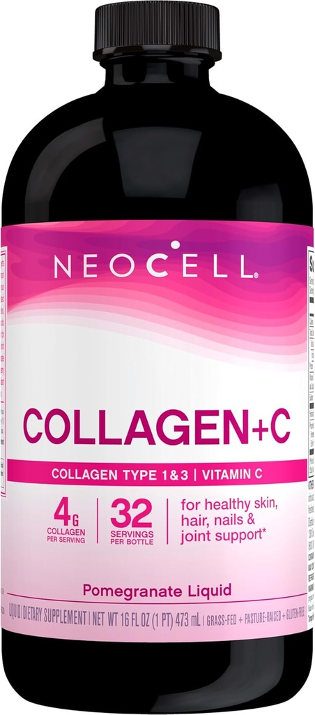 NeoCell Collagen Peptides + ויטמין C נוזלי, 4g Collagen Per המשרת, Gluten Free, Types 1 & 3, מקדם עור בריא, שיער, ציפורניים ותמיכה משותפת, Pomegranate, 16 Oz