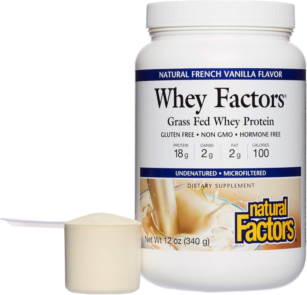 Whey Factors by Natural Factors, Grass Fed Whey Protein Concentrate, מסייע לפיתוח שרירים ובריאות החיסון, Vanilla הצרפתית, 12 Oz