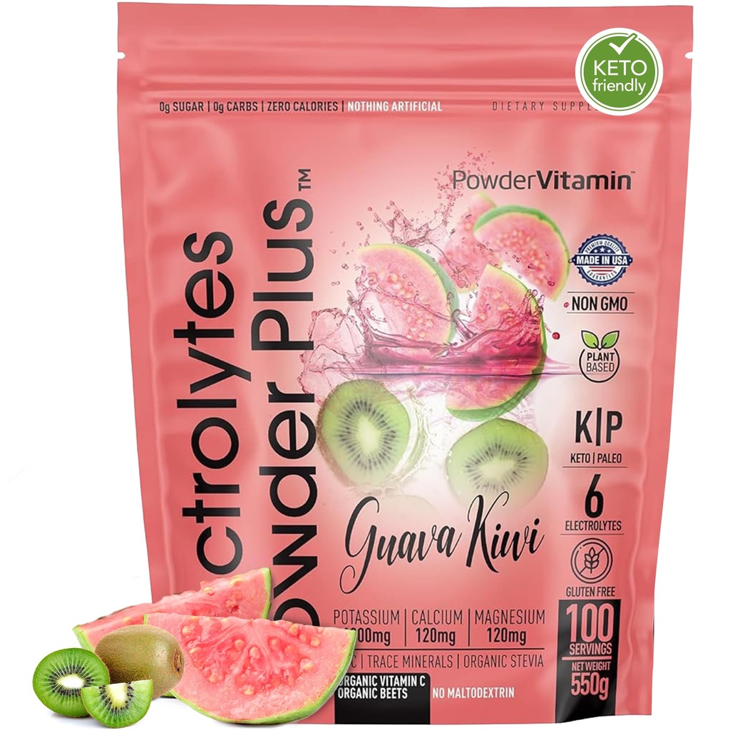 אבקהVitamin אלקטרוליט אבקת פלוס (100 משרתים) Guava Kindle Electrolyte אבקה, Zero Calorie, Keto, 0 סוכר, No Maltodextrin, 1000mg Potassium, 120 מ"ג Calcium, 120 מ"ג מגנזיום, אבקת hydrtion, אבקת דלקה