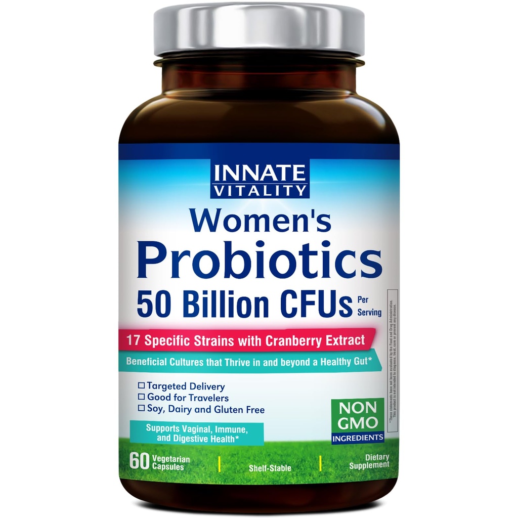 Innate Vitality Probiotics for Women, 50 מיליארד CFUs, 17 פרובנס סטרינס, 60 Veggie Caps, פורמולה עם Prebiotics and Cranberry Extract, non-GMO, תומך Vaginal, Digestive ו Immune Health Health Health