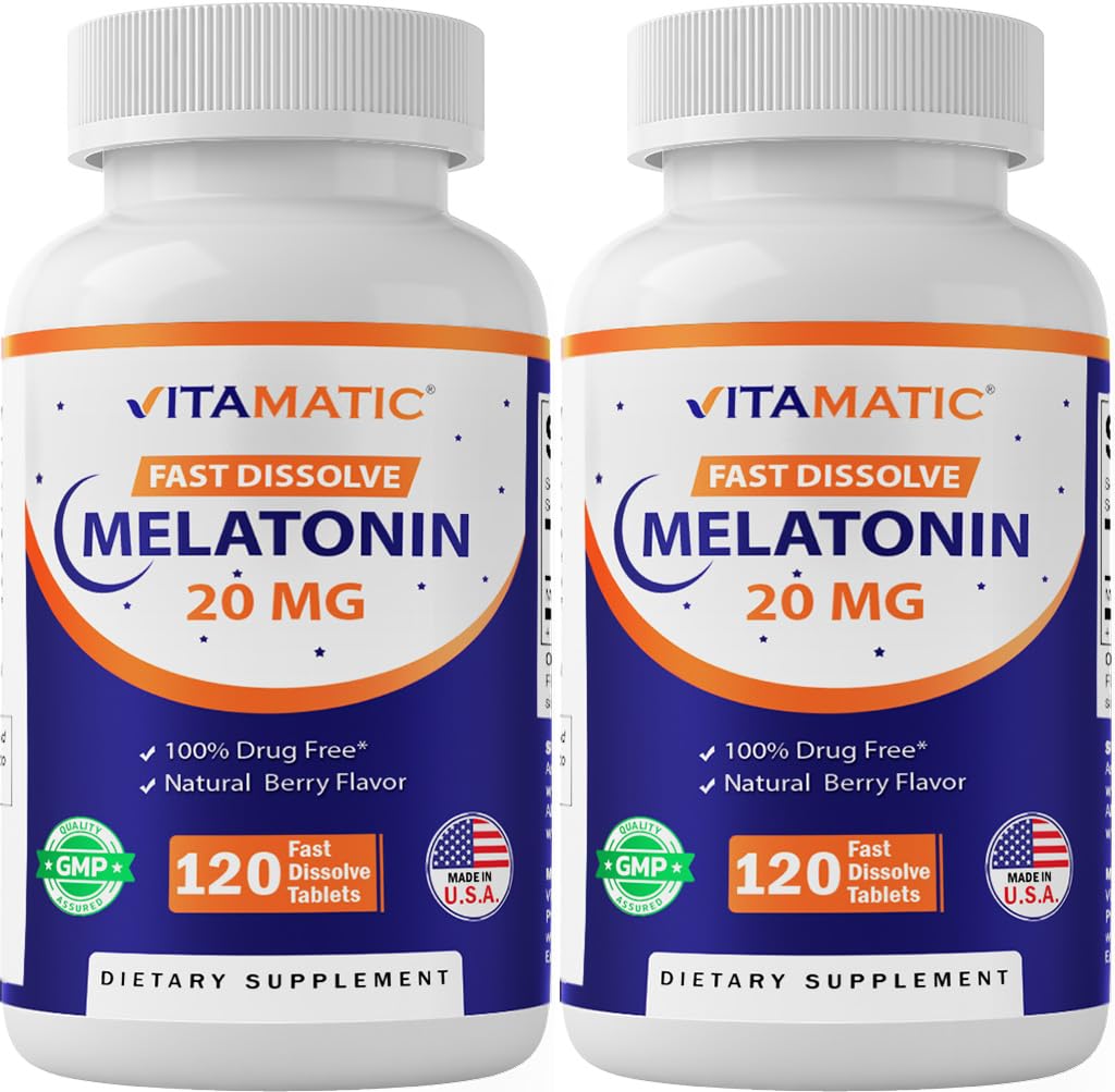 Vitamatic Melatonin 20 מ"ג לתמיכה בשינה | Vegetarian, non-GMO,ten Glu | High Potency 20 MG | Natural ברי פלאמור 120 טבליות מפוכח מהיר - 2 Pack - 240 Count Count Count Count