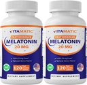 Vitamatic Melatonin 20 מ"ג לתמיכה בשינה | Vegetarian, non-GMO,ten Glu | High Potency 20 MG | Natural ברי פלאמור 120 טבליות מפוכח מהיר - 2 Pack - 240 Count Count Count Count