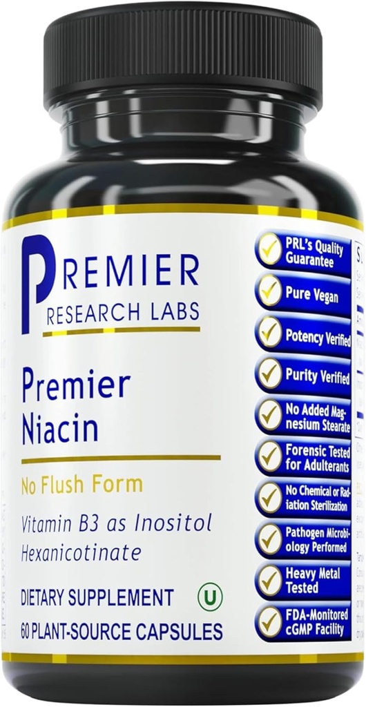 חברת המחקר Premier Labs Niacin - Flush Free Niacin עם Inositol Hexanicotinate, Niacin No Flush, B3 Niacinamide תוסף ויטמין לתמיכה דם Circulation - 60 קפסולות צמחוניות