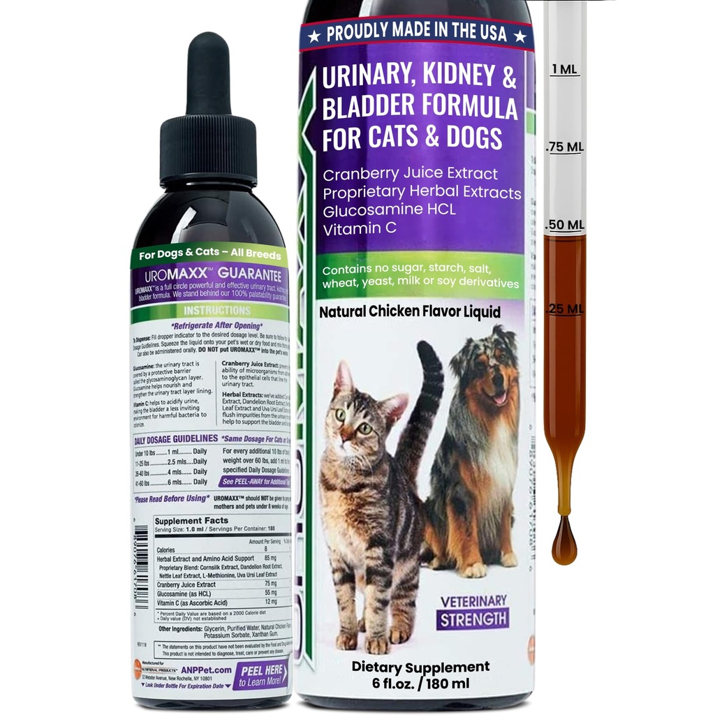 UroMAXX Urinary Tract Support Liquid for Dogs & Cats, Chicken, 6 oz | Made with Cranberry and Glucosamine to help maintain normal urinary tract and bladder health for dogs and cats.
