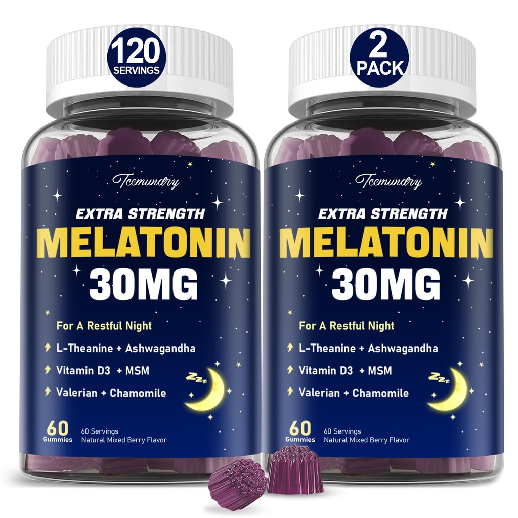 Melatonin Gummies 30 מ"ג למבוגרים: תוספת כוח מקסימלית מלטונין עם L-theanine, Ashwagandha, MSM, ויטמין D3 & Zinc - Non-Habit Forming, תערובת טבעית ברי פלאמור 60 הרוזן (Pack of 2)