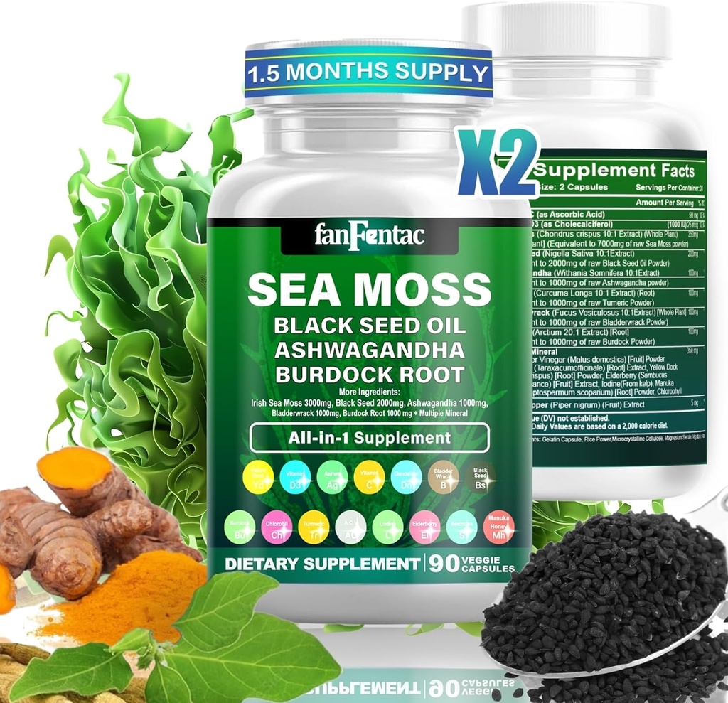 Sea Mos 7000mg - Black Seed Oil 2000mg - Ashwagandha 1000mg - Bladderwrack 1000mg - Turmeric 1000mg - Burdock 1000mg - ויטמין C 90mg - ויטמין D3 1000IU - מינרלים מרובים 350 מ"ג - 180 קפסולות