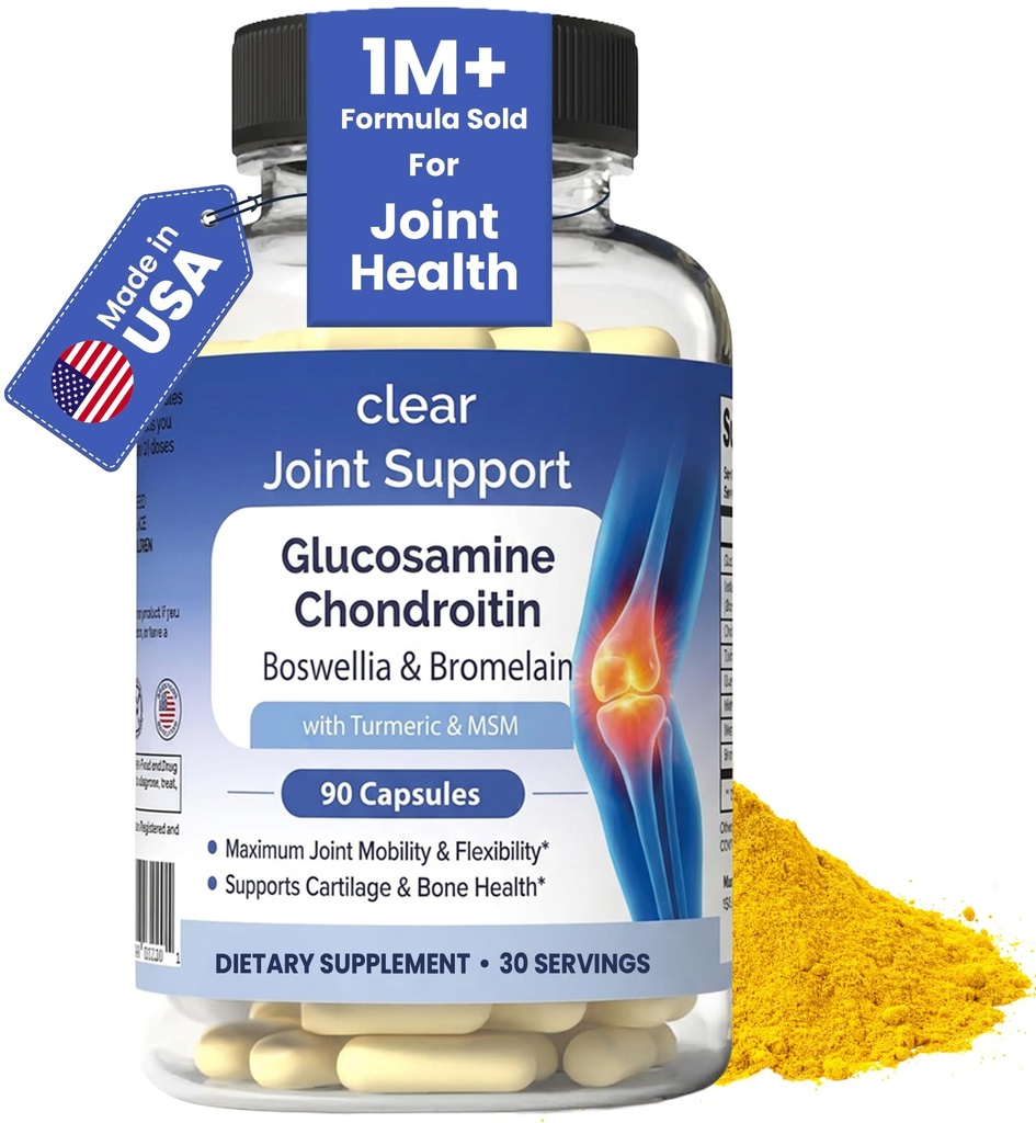 Glucosamine Chondroitin MSM עם Turmeric & Boswellia 90 קפסולות | 8-in-1 תוספת תמיכה משותפת עבור גמישות וניידות | תוספת משותפת לגברים ונשים - תמיכה בחזרה, הברך, הירכיים ופרקים