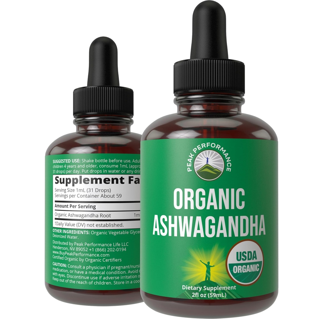 Ashwagandha נוזל טיפות. USDA אורגני תוסף. כוח נוסף Ashwagandha שורש לחלץ נשים, גברים, ילדים. Zero Sugar, אורגני, Gluten Free Tincture תוספים.