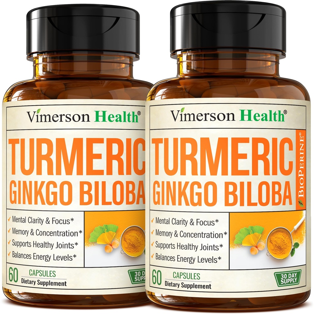 ג'ינקגו Biloba ו- Turmeric Curcumin תוסף w / Black Pepper & אורגני Tumeric - תוספת טבעית Turmeric עבור Focus, Memory, Joint & Brain Health - ג'נקו בילובה קפסולות w/Curcuma - 2 Pack