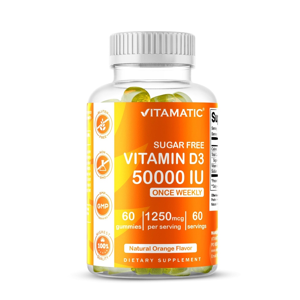 Vitamatic Sugar חינם ויטמין D350,000 IU Weekly תוסף - 60 חניכיים מבוססות Pectin - ויטמין D עבור העצם, שיניים ו- Immune Support