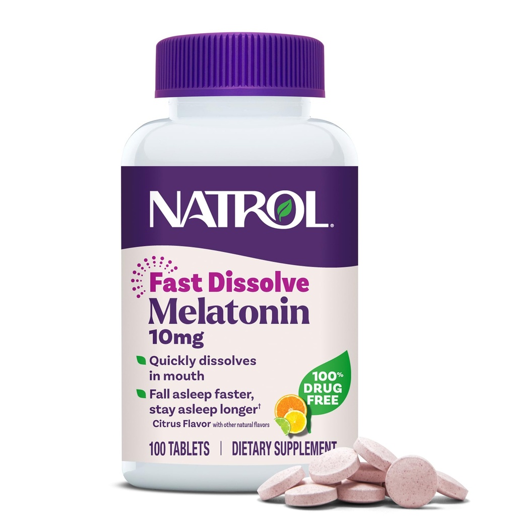 Natrol Fast Dissolve Melatonin 10 מ"ג, Melatonin תוספי שינה מנוחה, תמיכה בשינה למבוגרים, 100 טבליות Citrus-Flavored, עד 100 יום אספקה