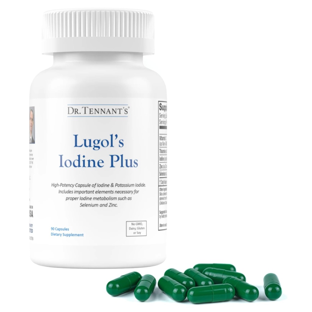 Dr. Tennant's Iodine תוספת פלוס | Lugol של Iodine & Potassium Iodide with Essential Co-Factors Selenium, Zinc & Fulvic Acid | תמיכה Thyroid & השד בריאות | 90 קפסולות