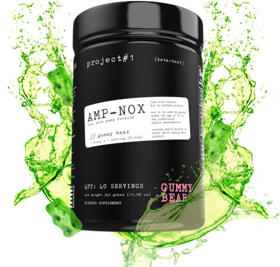 פרויקט # 1 AMP-NOX: אבקת עבודה לא-Stim Pre Workout - Boost Focus, Pump & Energy - Caffeine חינם חלבון שתייה עם Amino Acids for Men & Women - חניכיים Bear Flavor - 40 משרתים