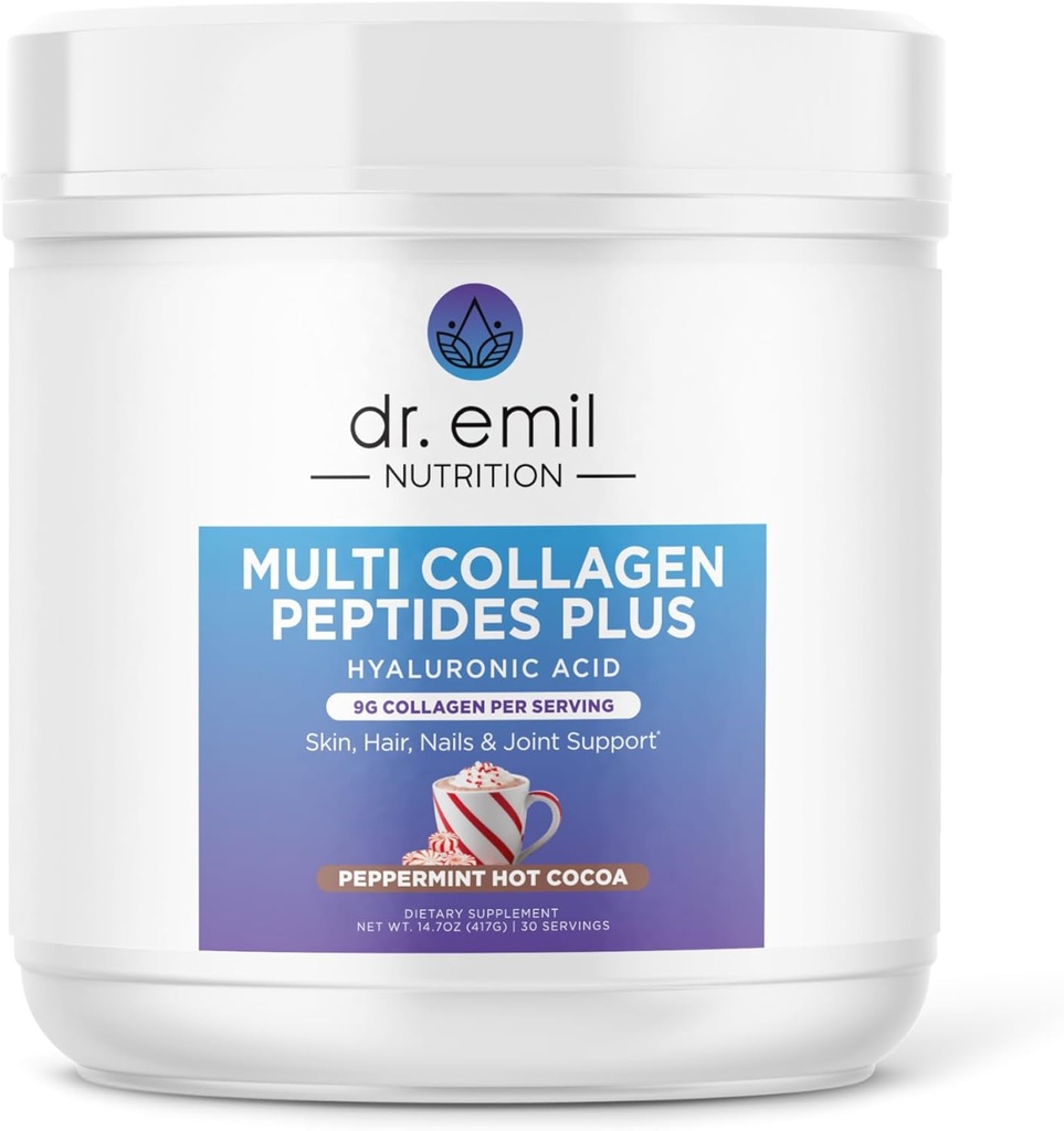 Dr. Emil Multi Collagen Peptides Plus עם Hyaluronic Acid - Peppert Hot Cocoa Flavor - 9g Collagen Per משרת for Skin, Hair, Nails & Joint Support