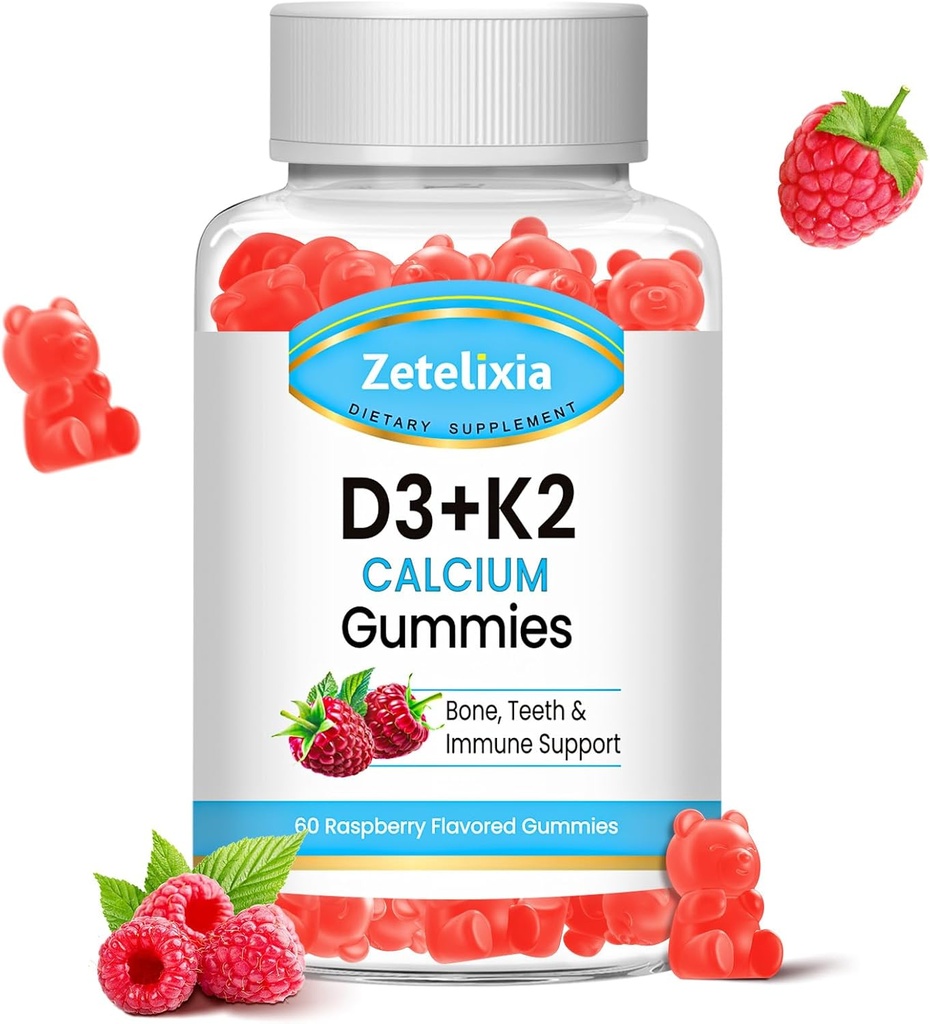 ויטמין D3 K2 חניכיים, ויטמין D3 2000 IU, K2 (MK7) 120mcg, Calcium 600 מ"ג עם ויטמין D3, תמיכה B0ne & Immune Health, טבעוני, Gluten Free, Raspberry Flavor, 60 Count
