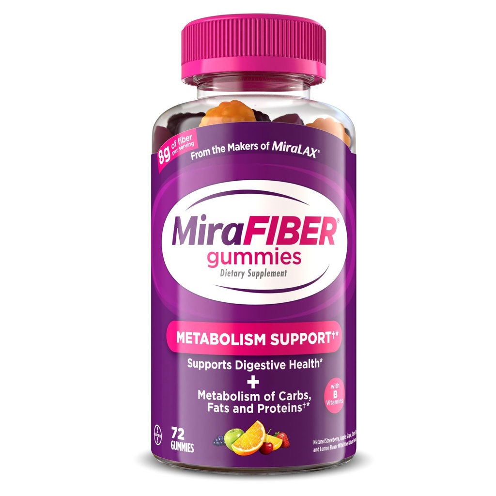 MiraFIBER חניכיים מ Makers of MiraLAX, 8g של Daily Fiber Per Serve, Metabolism תמיכה בוויטמינים B, Gut Health for Men & Women, Prebiotics Gummies for Adults, מעורבים פירות פלאמור 72Cttt