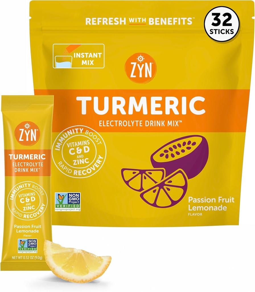 ZYN Electrolyte Drink hydrotion Packets, Passion Fruit Electrolytes אבקה, hydrotion Packets w/Turmeric Curcumin, ויטמין C & D, Zinc, hydrote & Recover אלקטרוליט אבקת, Pack של 32