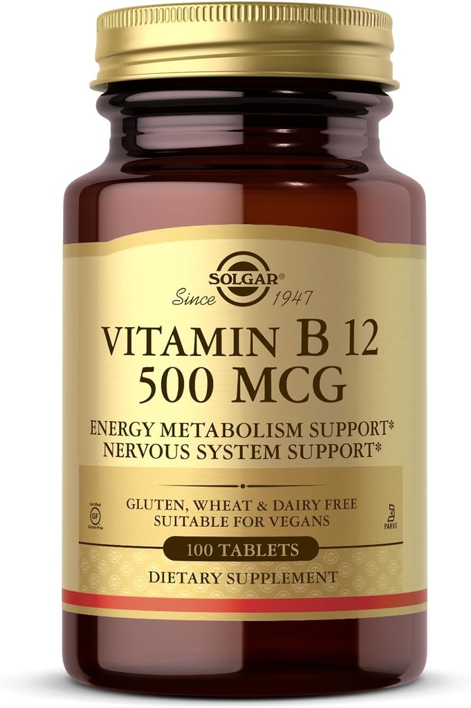 Solgar ויטמין B12 500 mcg - 100 טבליות - טבעוני, Gluten חינם, חלב חינם, כשר - 100 משרתים
