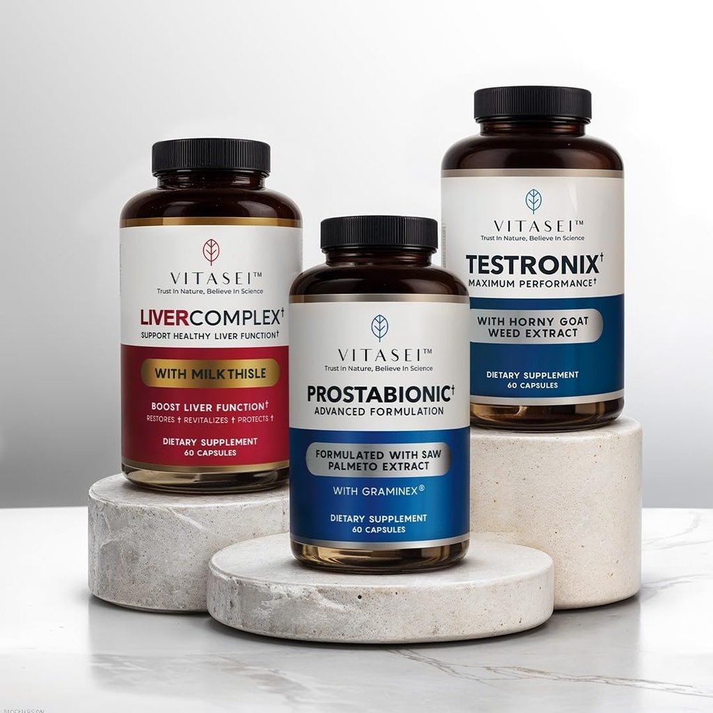 VITASEI Men's Health Power Pack - Testronix, Prostabionic & Liver ניקוי Bundle - Boost Energy, השרירים, Prostate, and Liver Health with Targeted Supplements