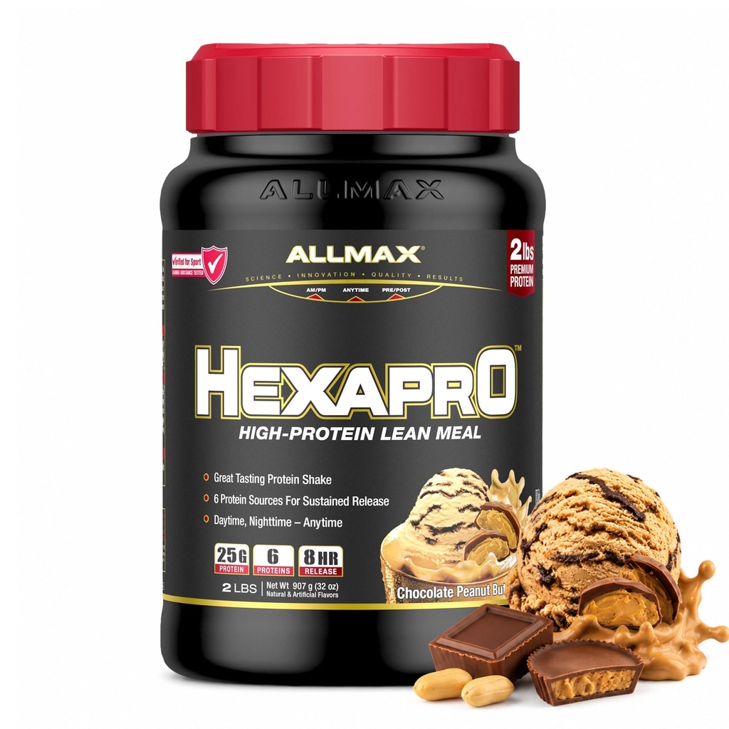 AllMAX HEXAPRO, Chocolate Peanut Butter - 2 lb - 25 גרמים של חלבון פריל - 8-Hour Sustained Release - Zero Sugar - 21 משרתים