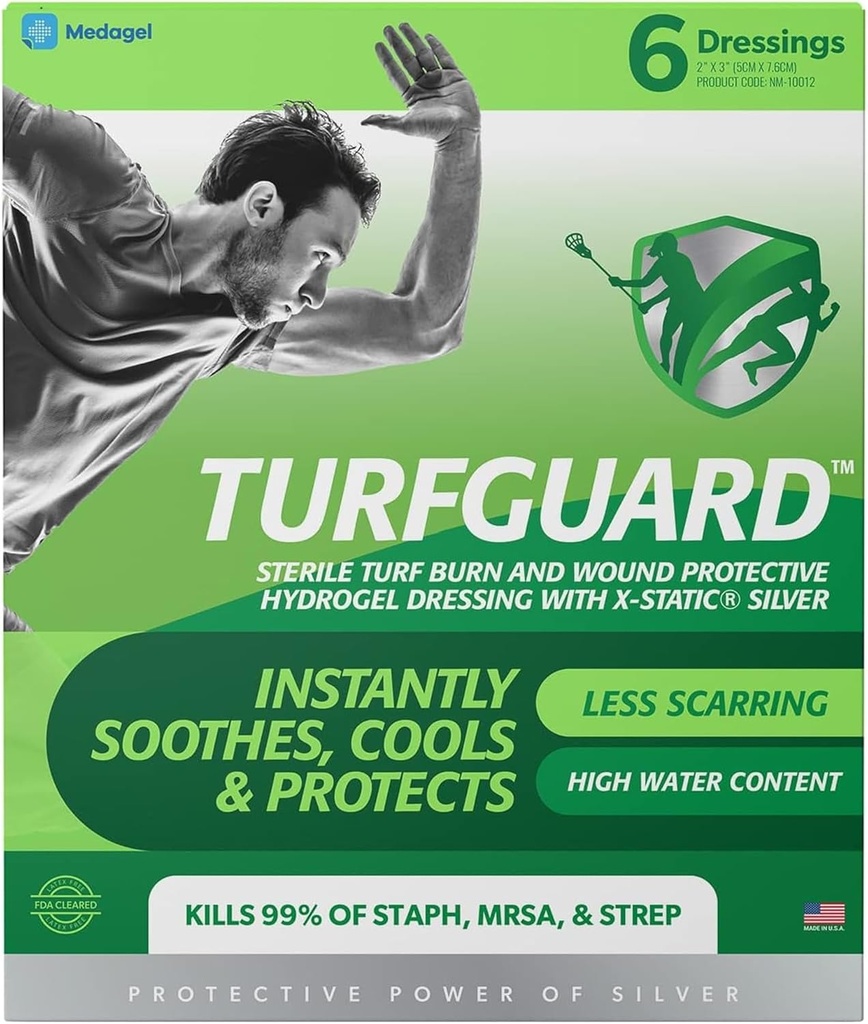 TURFGUARD hydrogel Turf Burn with X-Static Silver - Cooling Relief, ה- FDA Cleared, Antimicrobial Protection, & Moist Healing Patch for Burns & Wounds, 2" x 3 " Dressings, 6 Pack, על ידי Medagelll.