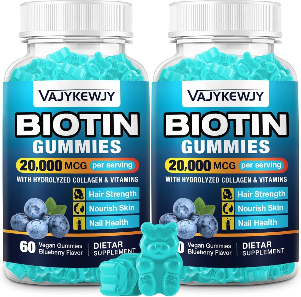 2 Pack Vegan biotin Gummies לשיער, Skin & Nails - 20,000 mcg לכל משרת, מתאים לנשים וגברים - 120 מסטיקנים