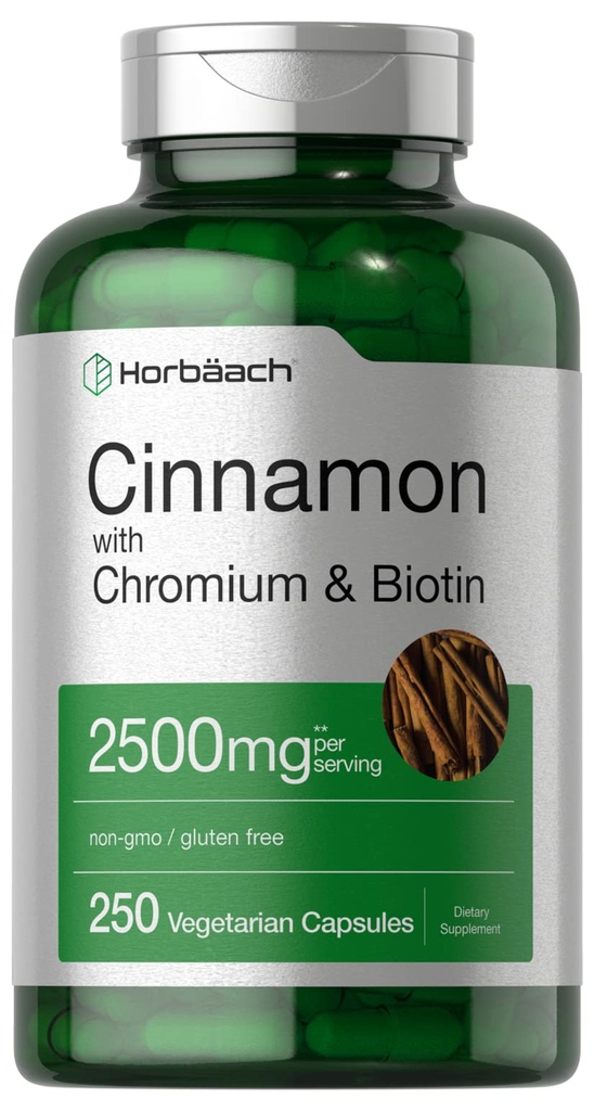 Horbäach Cinnamon עם Chromium Picolinate 2500 מ"ג | 250 קפסולות | Plus Biotin | Vegetarian, non-GMO, Gluten Freeten