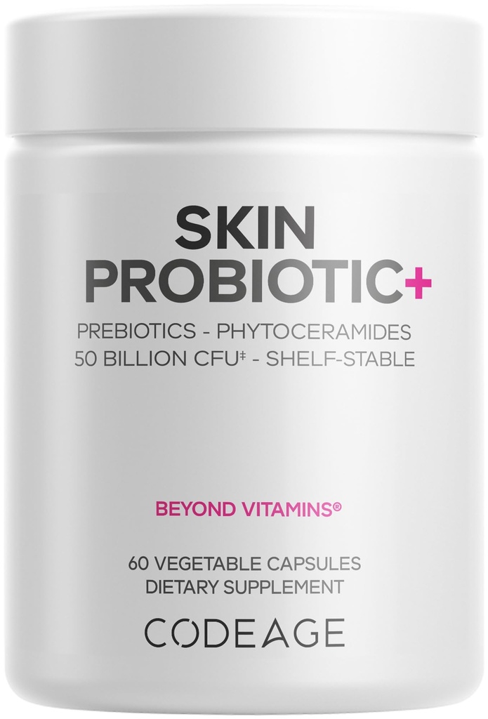 Codeage Skin Probiotics + Prebiotics - תוסף Skin Care Routine - 50 מיליארד CFU - Ayurvedic Botanical Herbs - Face Probiotics - Shelf Stable ניקויser, Non-GMO, טבעוני - 60 קפסולות