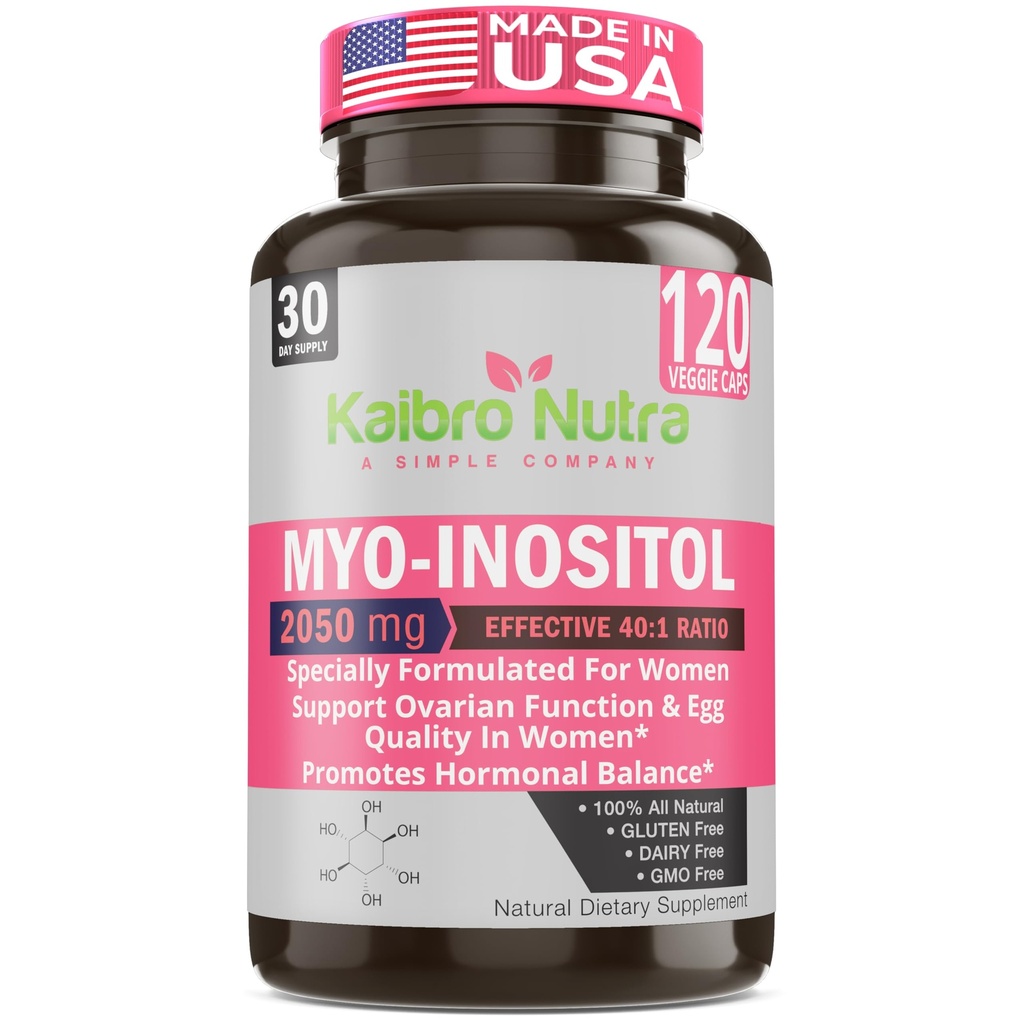 Kaibro Nutra Myo-Inositol תוסף, Myo-Inositol & D-Chiro Inositol 40:1 Ratio, הורמון ו Ovarian תמיכה עבור נשים עם ויטמין B8, 2050 מ"ג, טבעוני, non-GMO קפסולות 120 הרוזן ספירה