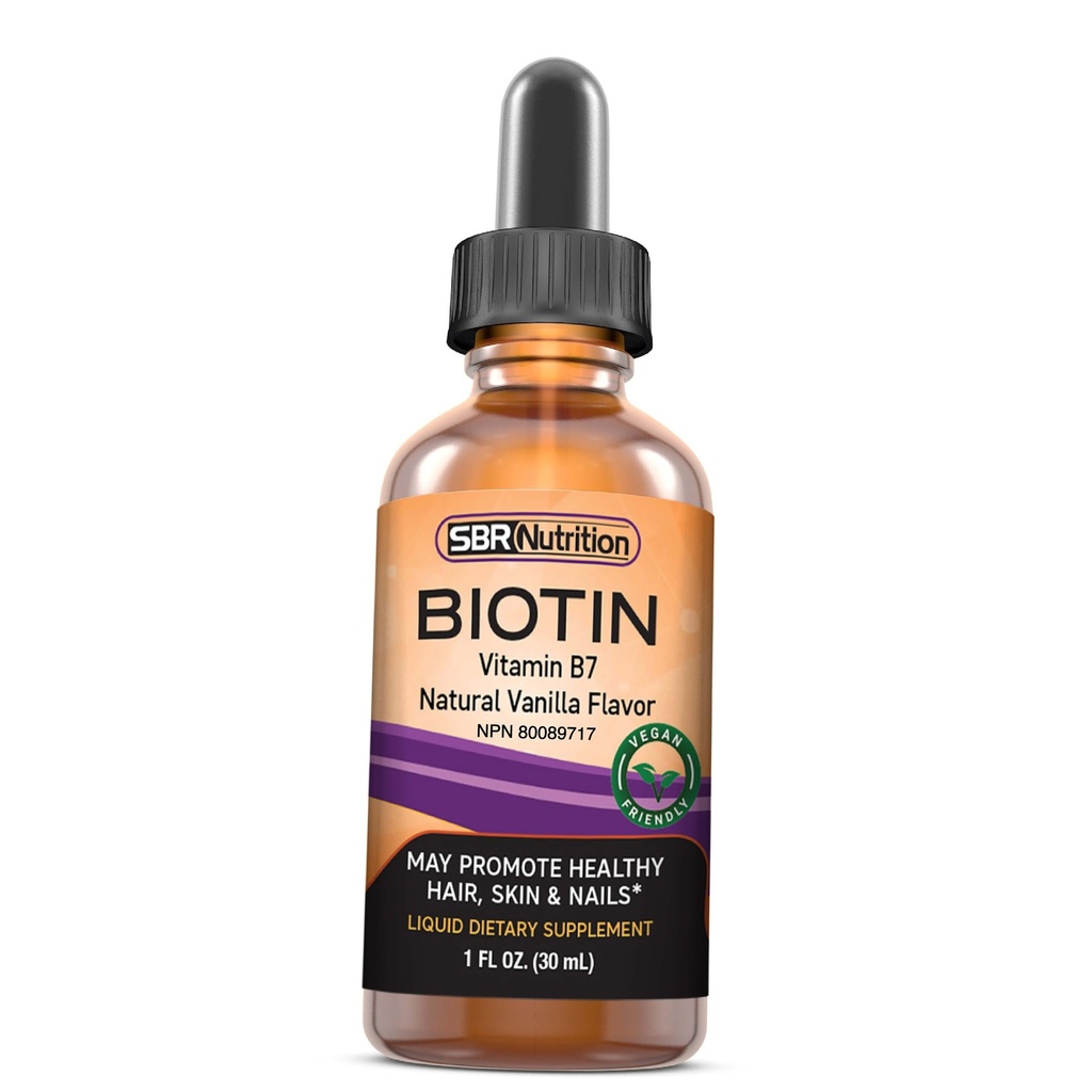 SBR Nutrition biotin נוזל טיפות, 5000mcg לכל משרת 105 1.0Fl.oz (30 מ"ל) Vanilla