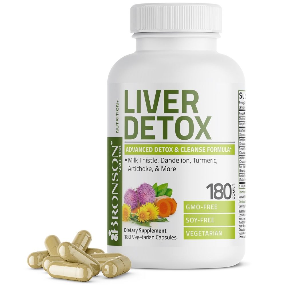 ברוונסון Liver Detox מתקדם Detox & ניקוי פורמולה תומכת בתפקוד בריאות Liver עם חלב Thistle, Dandelion Root, Turmeric, Artichoke Leaf & More, Non-GMO, 180 קפסולות צמחוניות