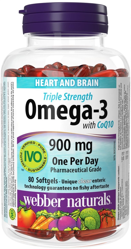 Webber Naturals Triple Power אומגה 3 עם CoQ10 נכנס 900 מ"ג אומגה 3 (EPA) / 100 מ"ג CoQ10, 80caps