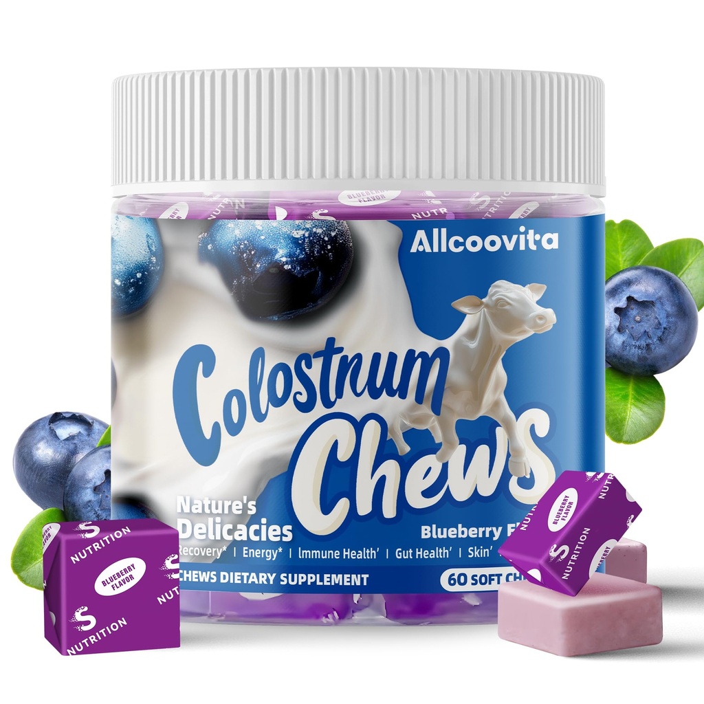 Bovine Colostrum Chews תוספת עם פרוביוטיקה לבריאות Gut, Bloating, Immune Support, Skin, Hair and Beauty - Blueberry Flavor (60 משרתים)