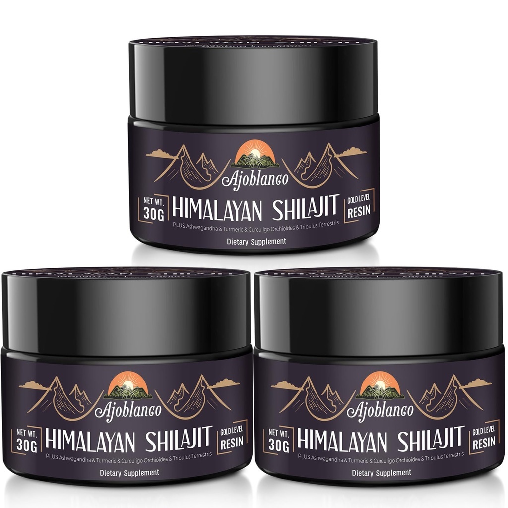 A Joblanco 600 מ"ג טבעי ההימלאיה אורגני Shilajit Resin - ההימלאיה Gold Shilajit Resin עם תערובת Ayurvedic בפוטנציה גבוהה של אנרגיה, כוח ותחמושת, אריזה של 3