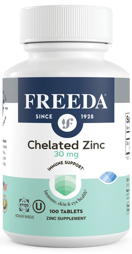 Freeda Chelated Zinc 30 מ"ג - TRAACS® Znc Bisglycinate for High Absorption - טבעוני, כשר, Gentle on Stomach - תמיכה במזל למבוגרים, גברים ונשים - 100 טבליות קטנות