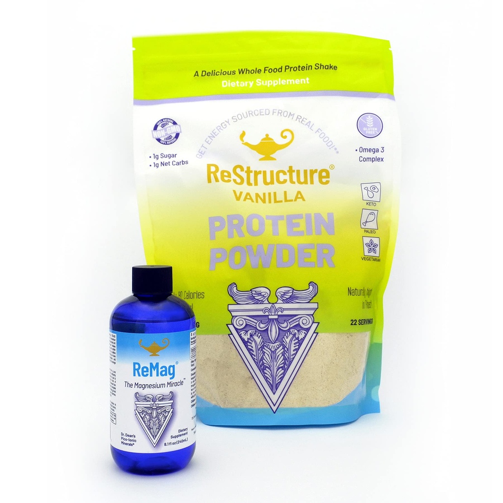 RnA ReSet Performance Bundle - Re Magic נוזל מגנזיום 8.1oz & ReStructure Vanilla Whey חלבון 594g, שריר התאוששות & כושר תמיכה (2 פורמולה)