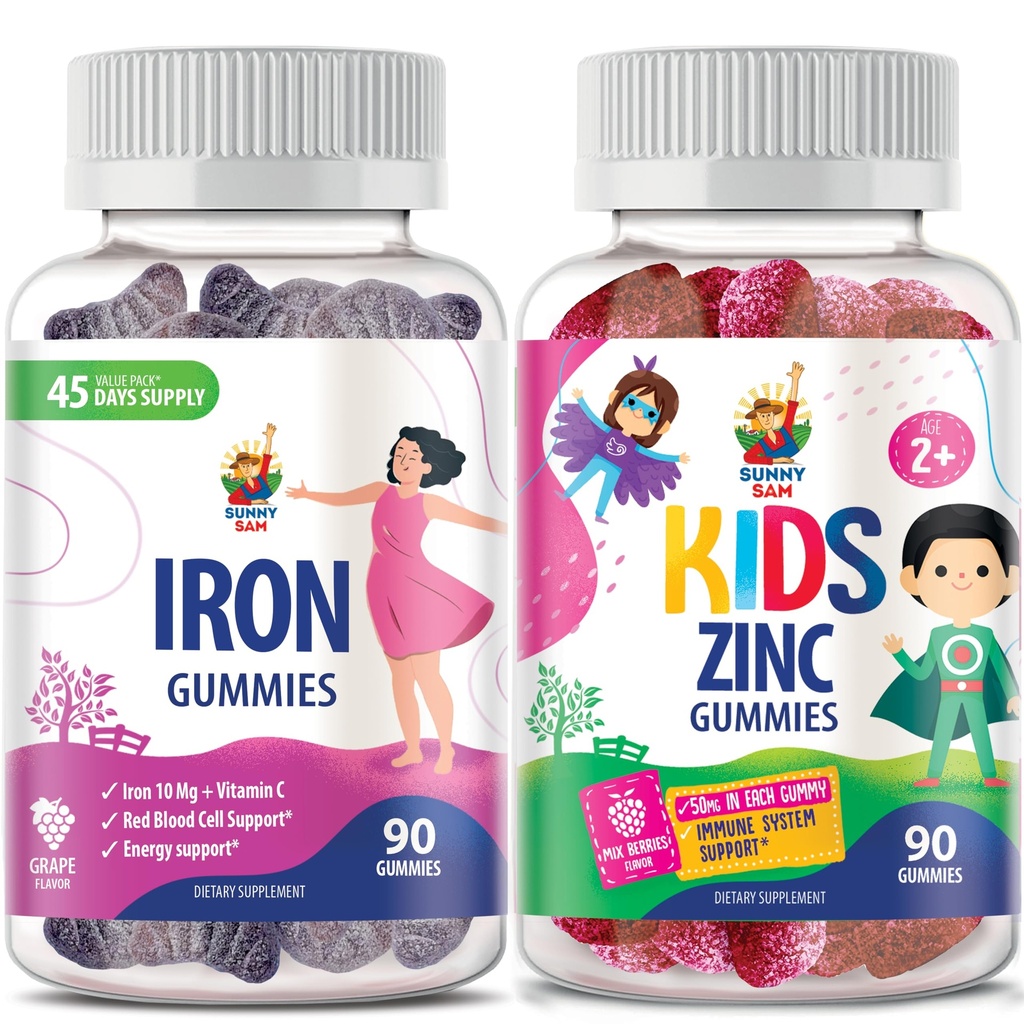 SunNY SAM Zinc Gummies לילדים & Iron Gummies למבוגרים, ויטמין ברזל עם ויטמין C