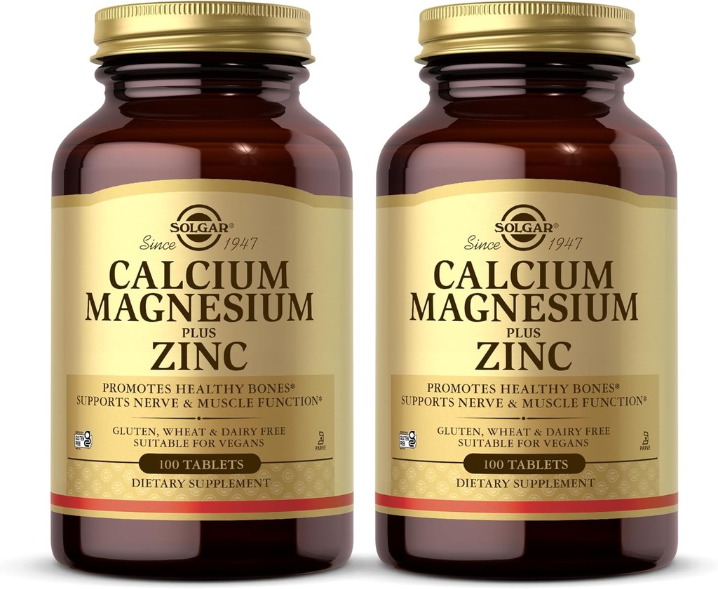 Solgar Calcium Magnesium Plus Zinc, 100 טבליות (Pack of 2) - מקדם עצמות בריאות ושיניים - תמיכה בתפקוד העצבים והשרירים - Non-GMO, טבעוני, Gluten Free, Free, Milk, כשר - 66 סה"כ המשרתים