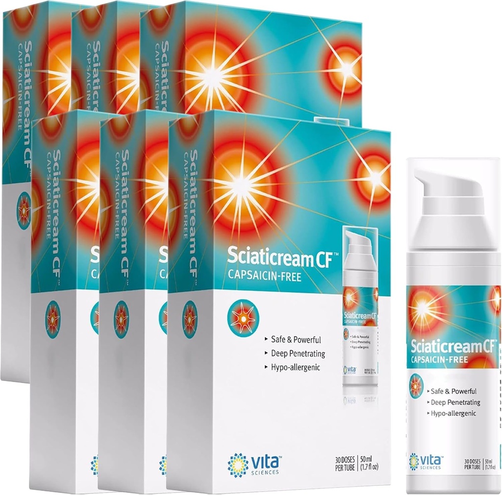 Vita Sciences Sciaticream CF: קרם מהיר Soothing עבור Sciatic Nerve עם Arnica, B1, B5, B6, MSM, Aloe ו בסיס שמן קוקוס. Capsaicin-FREE. Fast Acting Soothing Formula - חבילת 6